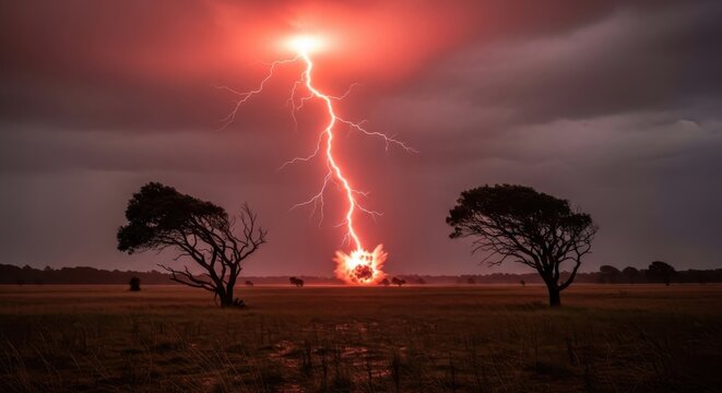 Intense red lightning hitting ground between silhouetted trees stormy night