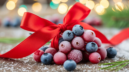 Holiday season composition of frozen blueberries and cranberries, elegantly tied together with a vibrant red satin ribbon bow on a rustic wooden background dusted with snow, bokeh lights.