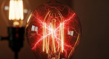 Dramatic Red Thunder and Electricity Inside Vintage Filament Light Bulb