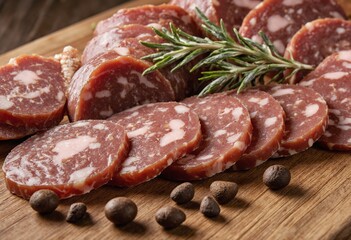 Artisan salami on wooden board with thyme and peppercorns, rustic charcuterie spread