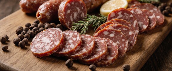 Artisan salami on wooden board with thyme and peppercorns, rustic charcuterie spread