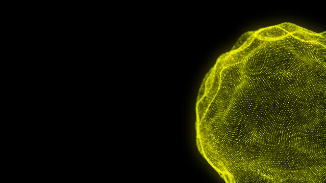 Abstract yellow sphere with connecting dots and lines. Wireframe technology sphere. Big data visualization. 3d rendering.