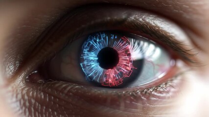 Cybernetic eye details close-up, digital interface on retina, futuristic vision concept. Use Tech - Powered by Adobe