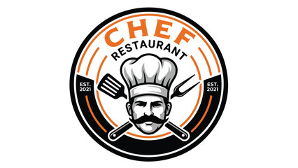 Chef Restaurant Logo Design Featuring Culinary Tools and Chef.