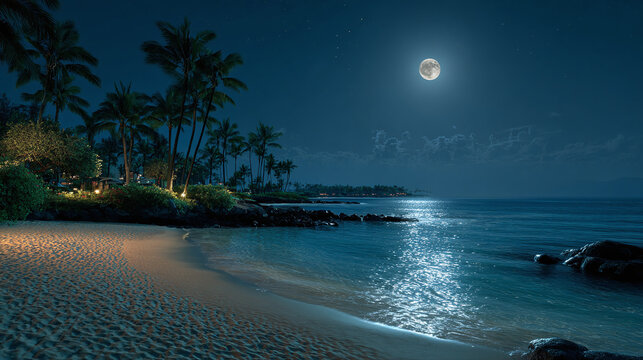 A mesmerizing moonlit beach with palm trees and a serene sea. The full moon illuminates the tranquil landscape, casting a gentle glow over the shore