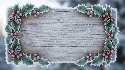 Frosty wooden sign with festive holly leaves, vibrant red berries, and snow-dusted pinecones framing a central blank space for winter holiday messages and seasonal greetings