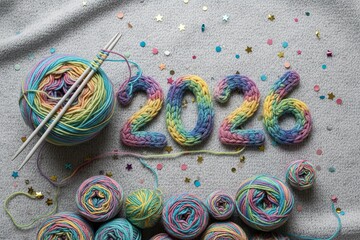 New Years background 2026. Multicolored crochet numbers, skein of wool yarn and knitting needles on gray background.