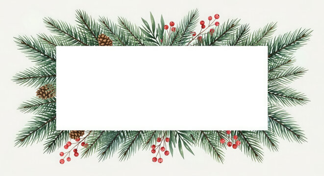 A festive rectangular frame decorated with pine branches, pine cones, and red berries creates a wintery holiday frame with a clean white space in the center for text and message.