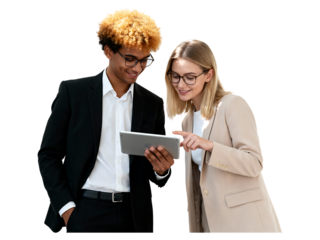Young diverse couple looking at tablet computer young couple young couple, diverse couple, tablet computer, technology, business, collaboration, teamwork, communication, discussion, meeting, office, w