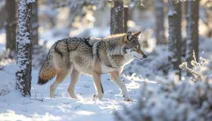 Obraz premium A gray wolf walks through a snowy forest with trees and bushes, looking to the right with a shallow depth of field and warm, natural lighting conveying a serene mood.