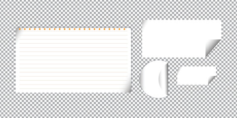 Various white paper notes with curled corners and lined sheet