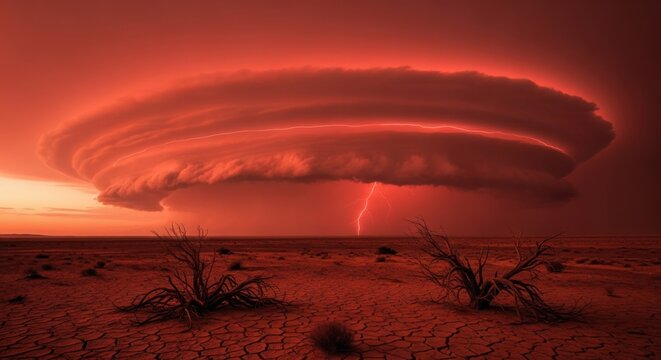 Red Supercell Storm Lightning Strike Over Cracked Desert Landscape