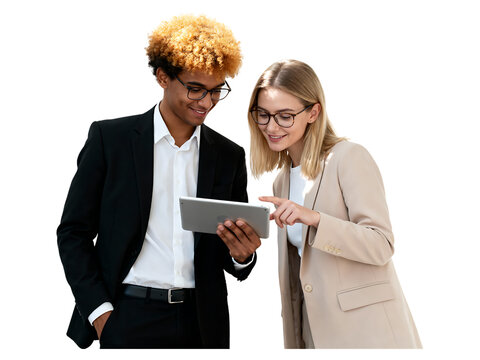 Young diverse couple looking at tablet computer young couple young couple, diverse couple, tablet computer, technology, business, collaboration, teamwork, communication, discussion, meeting, office, w