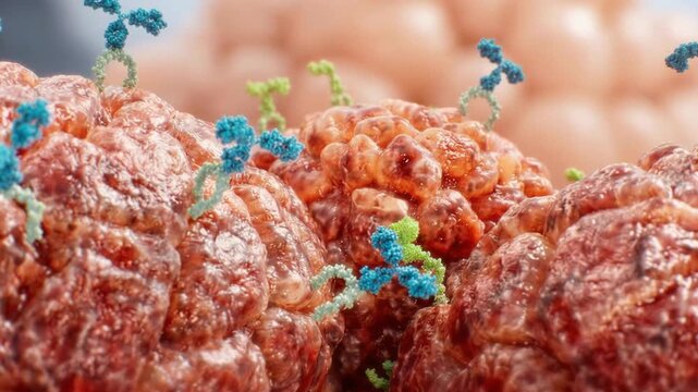 Medical animation showing immunoglobulin molecules attacking a virus or cancer cell