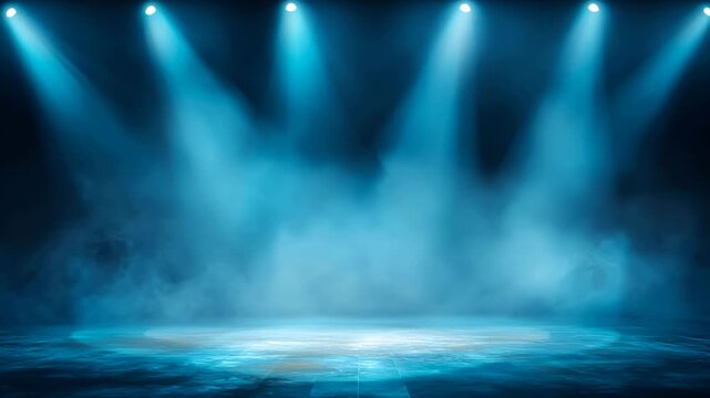 Light blue neon projectors effects on stage.Glowing spotlights laser