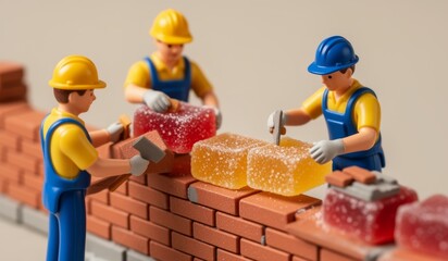 Fototapeta premium Creative builders construct a colorful wall with candy-like bricks in a playful scene
