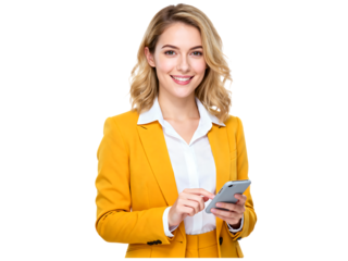 Woman in yellow suit using smartphone white shirt mobile phone woman, yellow suit, white shirt, smartphone, mobile phone, holding phone, using phone, technology, communication, connection, digital, on