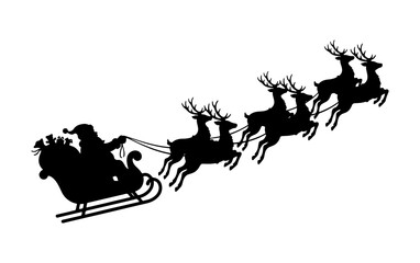 Naklejka premium Silhouette of a santa claus riding sleigh with reindeer flying.