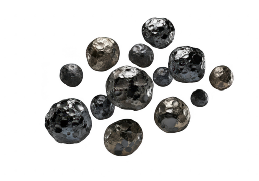 Abstract metallic spheres with textured surfaces on a black background