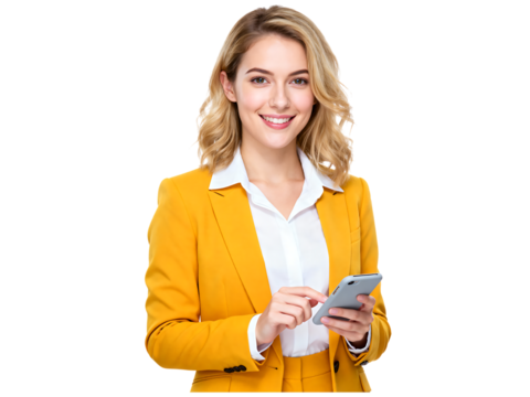 Woman in yellow suit using smartphone white shirt mobile phone woman, yellow suit, white shirt, smartphone, mobile phone, holding phone, using phone, technology, communication, connection, digital, on - Powered by Adobe