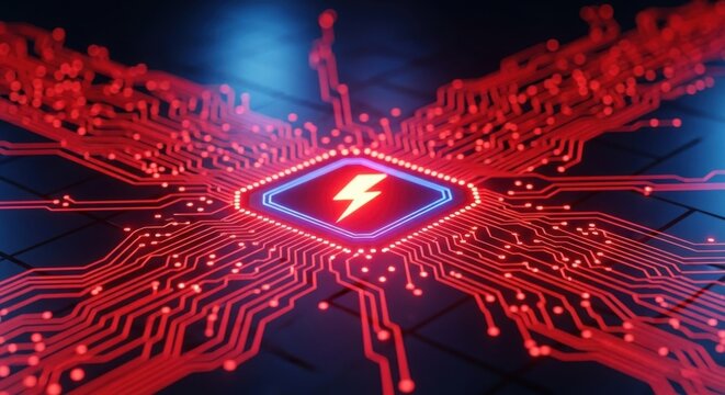 Red Glowing Circuit Board Chip with Lightning Icon Digital Technology