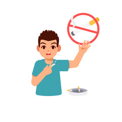 Vector illustration featuring a young man experiencing a moment of panic and shock after realizing he is smoking in a strictly prohibited area.