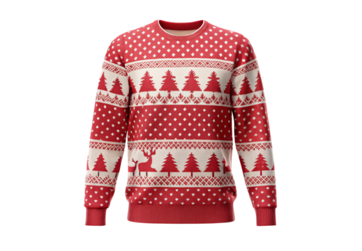 Red and white Christmas sweater with trees and deer, isolated on a transparent background