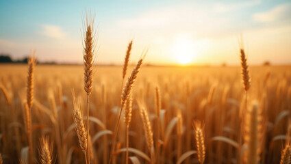 Naklejka premium Close-Up of Ripe Grain Ears in a Warm Summer Evening Landscape