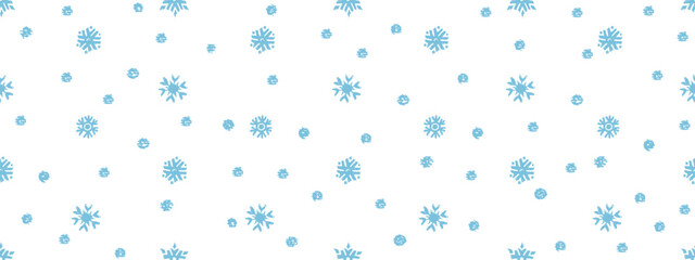 Crayon winter pattern with falling snow. Christmas blue background with white hand drawn snowflakes and dots with chalk texture. Abstract seamless pattern with white circles, vector illustration