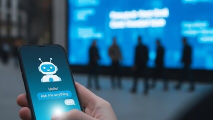AI Chatbot on Mobile Phone Display held by Person with Blurred People in Background Innovative Technology and Future of Communication AI Powered Assistance for Modern Business