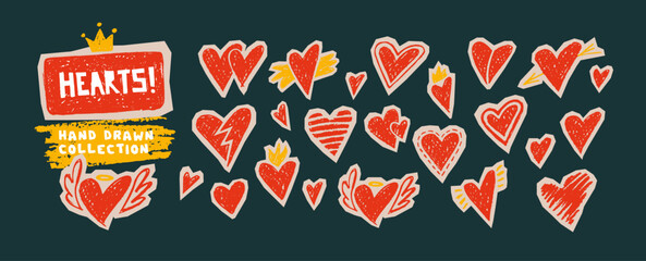 Love symbols with crayon hearts, angel wings and crown. Doodles elements for romantic designs, graffiti art, Valentine Day cards with chalk texture. Stickers set with hearts, vector illustration