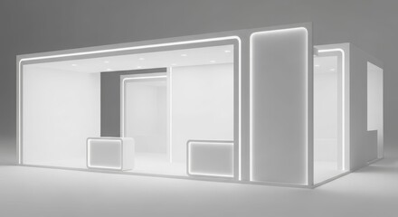 Modern minimalist white exhibition stand with integrated lighting and reception counters, ready for a trade show or event.