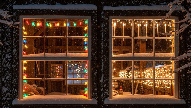 Windows of a charming house glow warmly with festive christmas string lights and colorful decorations on a peaceful snowy winter night, creating a cozy holiday ambiance.