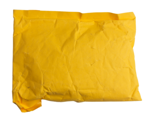 Crumpled Yellow Packaging Envelope on White Background for Shipping, Mail, and Packaging isolated on a white background
