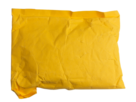 Crumpled Yellow Packaging Envelope on White Background for Shipping, Mail, and Packaging isolated on a white background