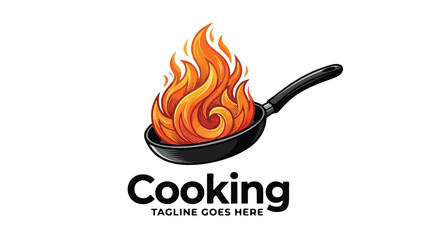 Cooking Logo Featuring a Frying Pan with Flames and Text.