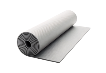 Gray two-tone exercise yoga mat partially rolled showing thickness, isolated on a transparent background