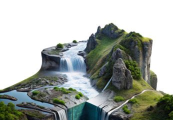 Surreal landscape with waterfall flowing from moss-covered cliffs and river, isolated on a transparent background