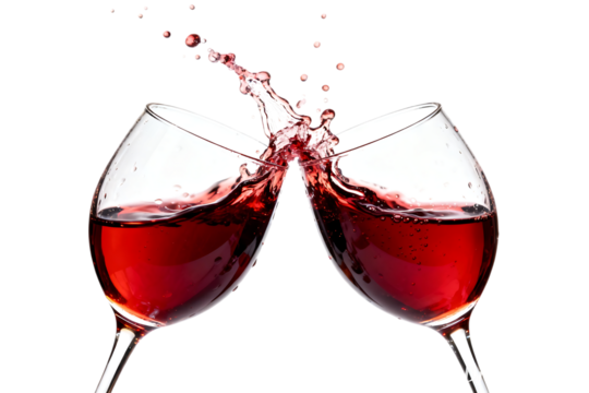 Two red wine glasses clinking with splash toast celebration red wine, wine glasses, clinking, toast, celebration, splash, liquid, alcohol, beverage, dark background, studio shot, motion, dynamic, drop