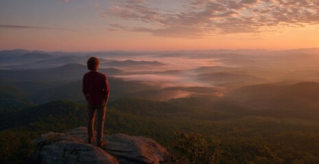 Fototapeta premium Person stands on rocky summit, gazing at sunrise over misty mountain range