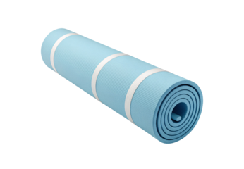 Light blue rolled yoga mat with white elastic straps, isolated on a transparent background