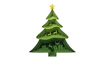 Festive Christmas Tree Paper Cut Illustration with Reindeer and Gifts for Holiday Season