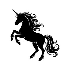 Silhouette of a rearing unicorn mythical creature.