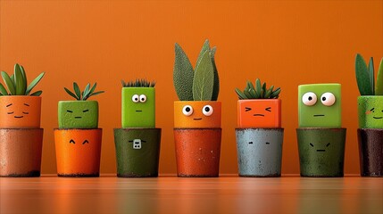 A row of cartoon plant pots with different expressions and plants, set against an orange background.