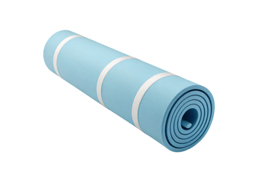 Light blue rolled yoga mat with white elastic straps, isolated on a transparent background