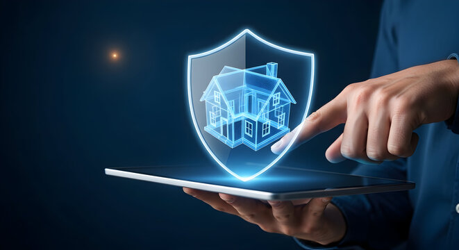Digital Home Security Shield Overlay on Tablet
