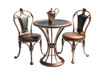 Ornate copper bistro set with two chairs and coffee pot, isolated on a transparent background
