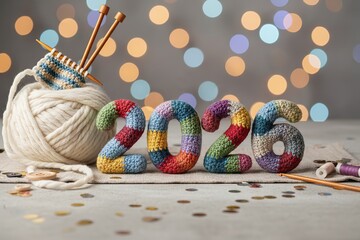 New Years background 2026. Multicolored crochet numbers, skein of wool yarn and knitting needles on gray background. New Years start creative handcrafted idea for DIY crafters