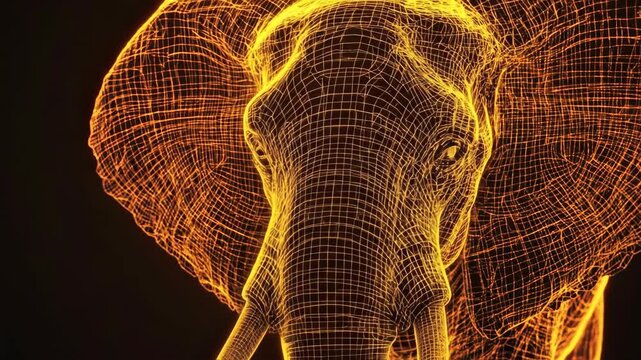 Abstract, golden wireframe of an elephant head on a black background. Close-up view.