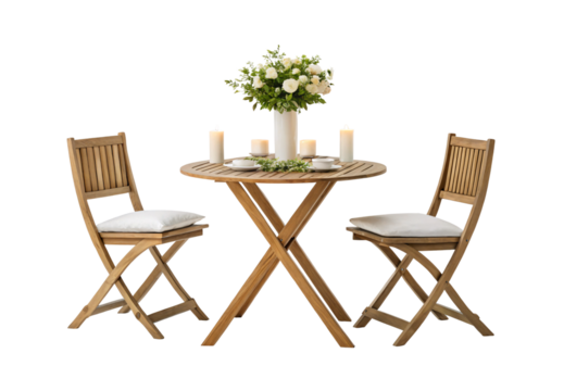 Natural wood folding bistro set with cushions candles and flowers, isolated on a transparent background